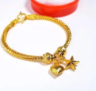 Heart & Star Dangle Bracelet 23K 24K Thai Baht Yellow Gold GP 7.5" Jewelry Women - Image 1 of 4