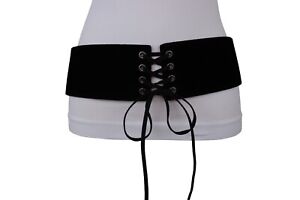 Women Black Faux Suede Leather Elastic Wide Corset Front Tie Slim Cinch Belt S M