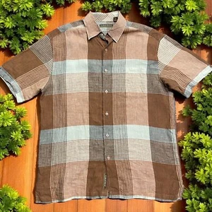 Cubavera Casual Tan Brown Plaid Button Front Linen Shirt Men's Size Large - Picture 1 of 8