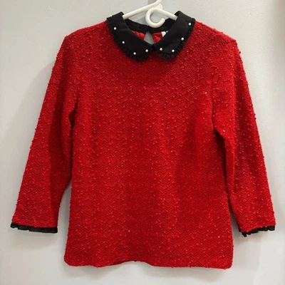 Elle Red Long Sleeve Textured Sequin Sweater Black Collar Medium Festive Holiday - Image 1 of 4