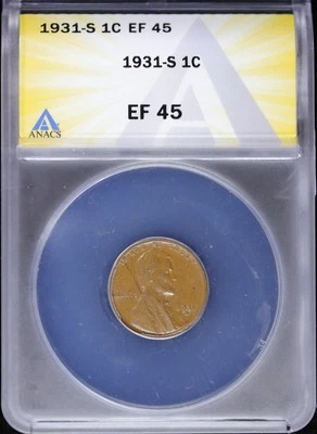 1931 S 1c Lincoln Wheat Cent ANACS EF 45 (XF, Extra Fine) San Francisco - Image 1 of 4