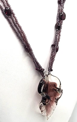 Floral Hand Blown Glass Pendant Layered Purple Natural Stone & Glass beads 20" - Image 1 of 4