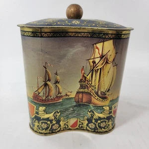 Vintage German Tin Nautical Wooden Ships Sea Horses Crests Tea Biscuits Coffee - Picture 1 of 12