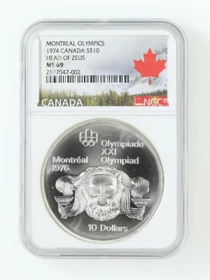1974  Canada, Montreal Olympics; Head of Zeus $10 Silver, NGC Graded MS-69 - Image 1 of 2