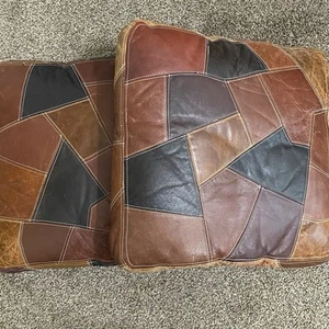 2-Vintage Leather Patchwork Throw Pillow Full Zip Retro 18"X18" With Inserts - Picture 1 of 7