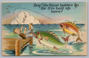 Postcard Boy Do These Babies Go for Live Bait Up Here Exaggeration Comic Humor - Picture 1 of 2