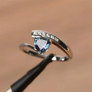 Trillion Cut Simulated Blue Sapphire Engagement Ring In 14k White Gold Plated - Picture 1 of 5