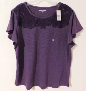 Laura Scott Womens XL Purple Top Embroidered Overlay Neck Short Sleeve Shirt NWT - Picture 1 of 7