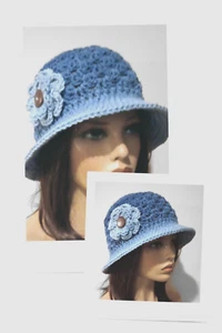womans handmade crochet flower bucket hat brim true blue - Picture 1 of 3