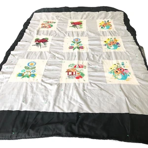 Handmade Quilt Cottagecore 68x50 Crewel Embroidered Floral Barns Scene Craft VTG - Picture 1 of 19