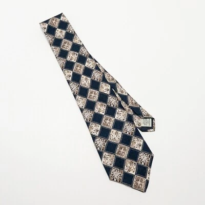 Gap 100% Silk Neck Tie USA Made Blue Tan Cream Diamond Floral - Image 1 of 4