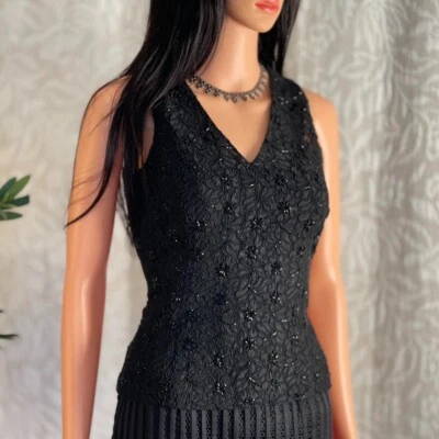 Camiseta sin mangas de encaje floral negra con cuentas INC vintage años 90 sin mangas noche cóctel 4 Foto 1 de 4