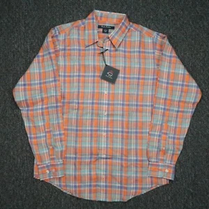 Brooks Brothers Fleece Shirt Men Medium Orange Blue Plaid Irish Linen Button NWT - Picture 1 of 8