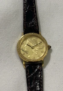 Dufonte Watch Gold Tone Liberty Coin Face Leather Band Stainless Needs Battery - Picture 1 of 6