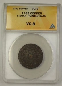 1783 US Colonial Copper C NOVA Pointed Rays Copper Coin ANACS VG-8 - Picture 1 of 2