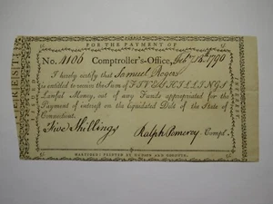 1790 5 Shillings Connecticut Comptroller's Office Colonial Currency Note Pomeroy - Picture 1 of 2