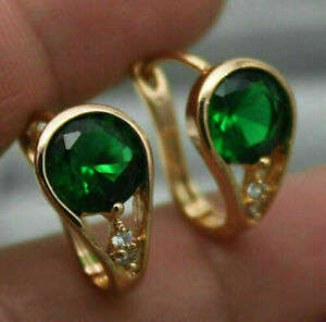 14K Yellow Gold Over 2.00 CT Round Green Simulated Emerald Dangle Drop Earrings