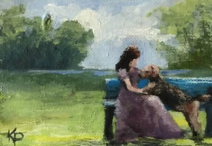 ACEO ATC signierter Kunstdruck "Making A Friend" Hund Mädchen Figur Künstler Sammelkarte - Bild 1 von 3
