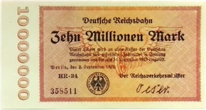 Billete de banco UNC 1923 Alemania REICHSBAHN 10 millones/10.000.000 marcos - Imagen 1 de 2