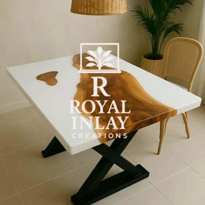 Modern White Resin & Wood Table | Rectangular Handmade Minimalist Accent Piece - Picture 1 of 12