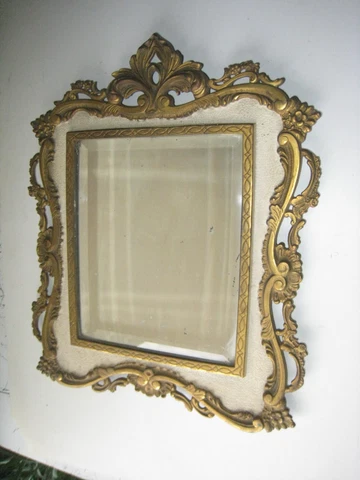 Vintage Cast Iron Brass gold /white tone Mirror ornate metal Cover