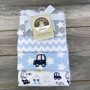 Carters Receiving Blanket Set Of 4 Embroidered Car White Stars Blue Chevron New