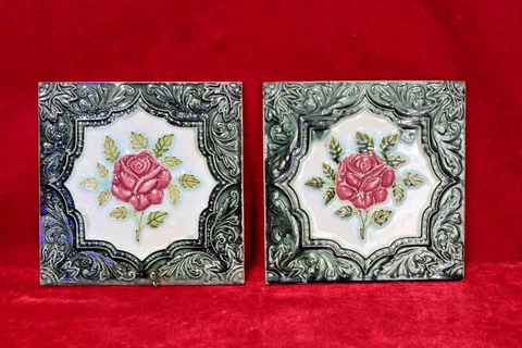 2 Pc Ceramic Flower Tiles Old Vintage Floor Wall Home Decor Collectible BG-41 Cover