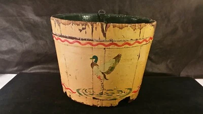 Folk Art Handpainted Antique Firkin Mallard Duck Signed Large 9" - Image 1 of 4