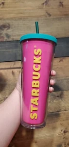 Starbucks Summer 2014 Neon Pink Yellow & Teal lid Venti 24 oz Cold Cup Tumbler - Bild 1 von 5