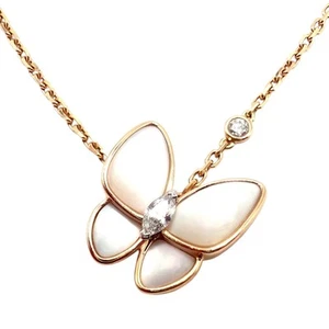 Van Cleef & Arpels 18k Rose Gold Diamond MoP Two Butterfly Pendant Necklace Cert - Picture 1 of 12