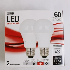 NIB Set of 2 Feit Electric Lightbulbs LED Warm White 800 lm A19 Multiuse 60W - Picture 1 of 5
