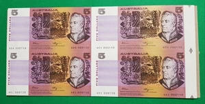 1991 BLOCK OF 4 $5 FRASER/ HIGGINS UNCUT Same Serials Different Prefixes 000150 - Picture 1 of 6