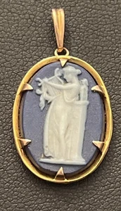 14K Gelbgold Antik Blau Wedgwood Kamee Muse Charm Anhänger GLP Co Selten - Bild 1 von 15