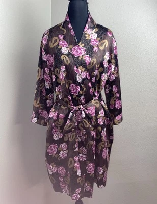 Roupão de cetim Cabernet feminino grande marrom floral pasiley animal bolsos com cinto - Imagem 1 de 4
