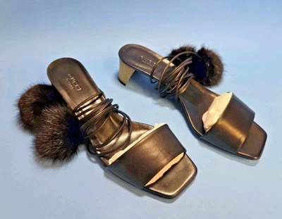 Gucci Nero Black Leather Ankle Strap Block Heel Sandals Mink Pom Pom US size 8 - Image 1 of 4