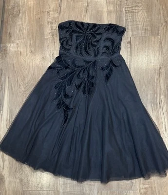 Aidan Mattox Black Midi Dress Velvet Beaded Embroidered Strapless Flare Sz 12 - Image 1 of 4