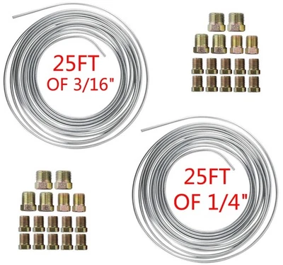 2x Kit de tubos de línea de freno recubiertos de zinc 25 pies 3/16 y 1/4 con 32 accesorios de tuerca plateados Foto 1 de 4