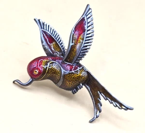 VINTAGE Enamel Hummingbird Pin Brooch Silver-Tone Red & Orange 2.25"x1.25" EUC - Picture 1 of 11