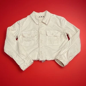 AMO Anthropologie Carly Cropped Jacket Bone White Pockets Buttons Raw Fringe XS - Picture 1 of 17