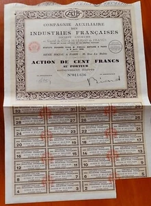 COMPAGNIE AUXILIAIRE DES INDUSTRIES FRANCAISES SHARE CERTIFICATE APRIL 1930 - Picture 1 of 2