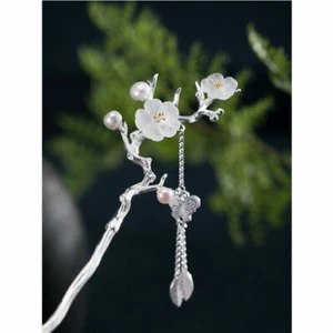 Crystal Pearl Hairpin Vintage Hanfu Butterfly Tassel Hair Stick Daily 925 Silver - Picture 1 of 4