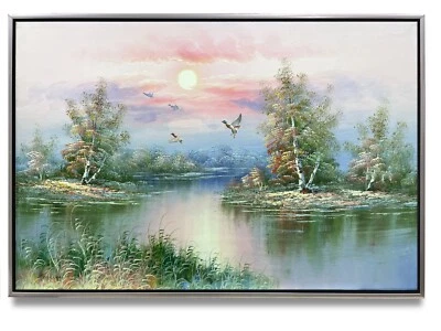 NY Art-Bob Ross Style Original Oil Painting of Lake View On Canvas 24x36 Framed - Image 1 of 4