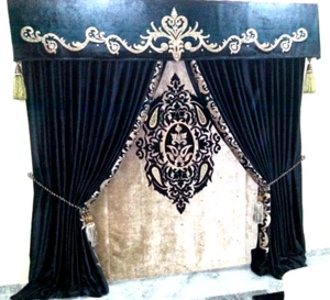 Arabic Geometric Crushed Velvet Greek Keys Crystal Stones Blinds & Curtains Set - Picture 1 of 3