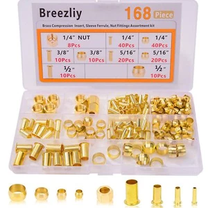 168PCS Tube OD(1/4" 5/16" 3/8" 1/2" Brass Compression Sleeves Ferrules & Inse... - Picture 1 of 5
