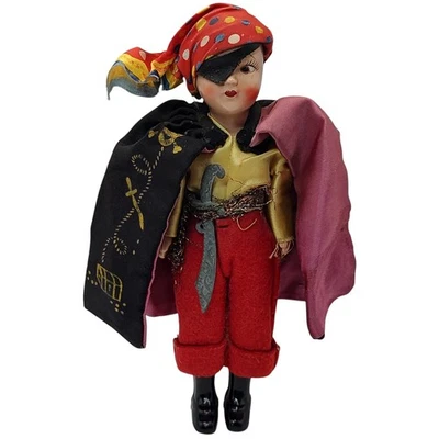 Muñeca pirata de celuloide de colección disfraz de Halloween parche ojo de capa tesoro espada Foto 1 de 4