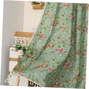 1 Pair Linen Curtains Rustic Country 52"W x 108"L - 2 Panels Floral on Green - Picture 1 of 8