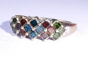 9ct White Gold Fancy Green, Blue & Red Princess Diamond Cluster Ring, Size J1/2 - Picture 1 of 12