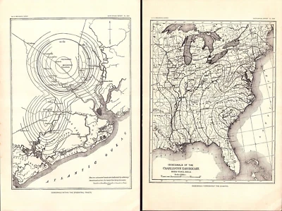 2 mapas TERREMOTO, ISOSEISMALES, CHARLESTON, S.C. Mapa geográfico antiguo 1889 Foto 1 de 3