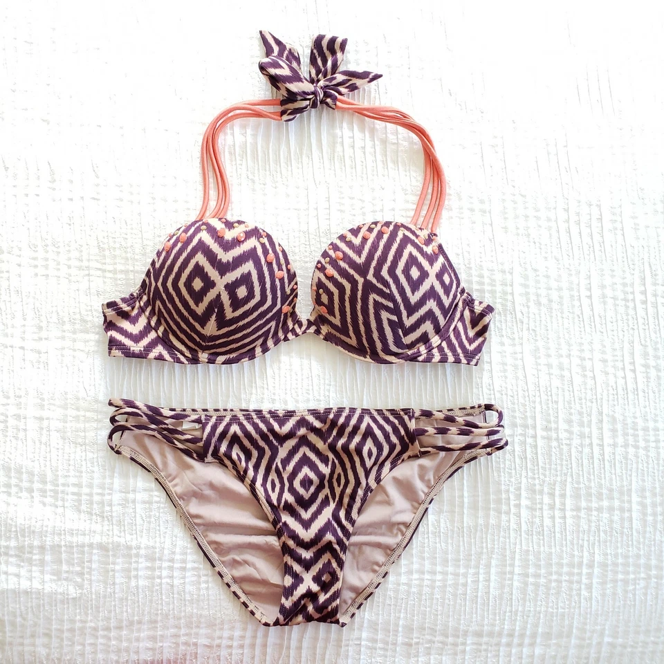 Victoria's Secret Natación BOMBSHELL Add-2-Cups BIKINI 32B S Púrpura Cuentas Conjunto 6WY Foto 1 de 4