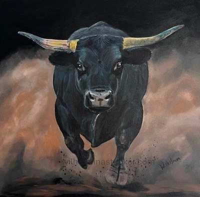 "Bull Run", Stocker Studio, pintura toro original Foto 1 de 3